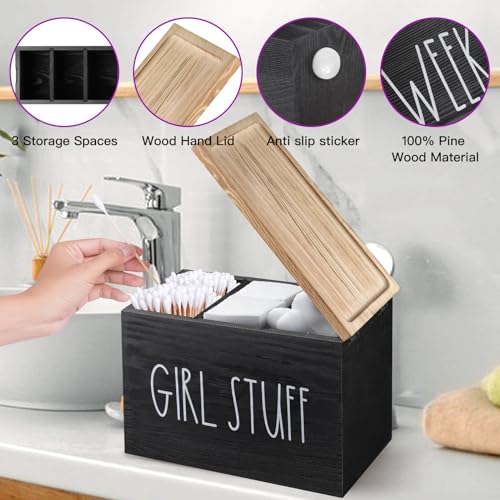 MISTOD Tampons Holder for Bathroom, Pad and Tampon Organizer with Tray Lid, Wooden Feminine